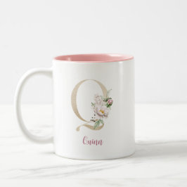 Gouden Letter Q, Monogram Q, Roze Bloemengeschenk  Tweekleurige Koffiemok