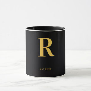 Gouden Letter R Zwarte Mok Minimalistische Monog