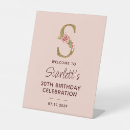 Gouden Letter S Monogram Roze Rozen Bord Reclamebord Met Voetstuk