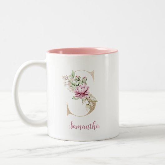 Gouden Letter S, Monogram S, Roze Bloem Cadeau Haa Tweekleurige Koffiemok (Links)
