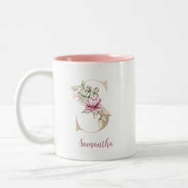 Gouden Letter S, Monogram S, Roze Bloemensieraden  Tweekleurige Koffiemok