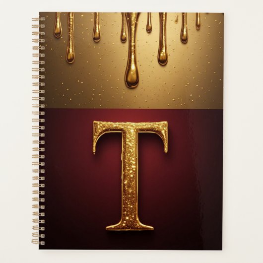 Gouden Letter T Monogram Met Druppelende Metaal Planner (Voorkant)
