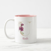 Gouden Letter U, Monogram U, Roze Bloemenschenking Tweekleurige Koffiemok (Links)