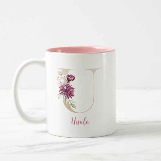 Gouden Letter U, Monogram U, Roze Bloemenschenking Tweekleurige Koffiemok (Links)