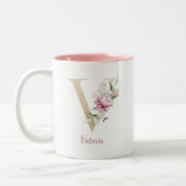 Gouden Letter V, Monogram v, Roze Bloemen Cadeau v Tweekleurige Koffiemok (Links)