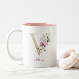 Gouden Letter V, Monogram v, Roze Bloemengeschenk  Tweekleurige Koffiemok
