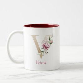Gouden Letter V, Monogram v, Roze Bloemengeschenk  Tweekleurige Koffiemok