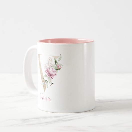 Gouden Letter V, Monogram v, Roze Bloemenschenking Tweekleurige Koffiemok (Voorkant links)