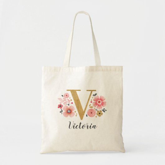 Gouden Letter V Roze Bloemige Monogram Tote Bag (Voorkant)