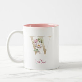 Gouden Letter W, Monogram W, Roze Bloem Cadeau Haa Tweekleurige Koffiemok