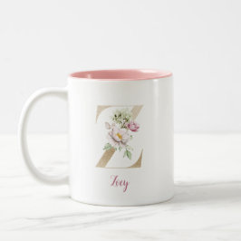 Gouden Letter Z, Monogram Z, Roze Bloemensieraden  Tweekleurige Koffiemok