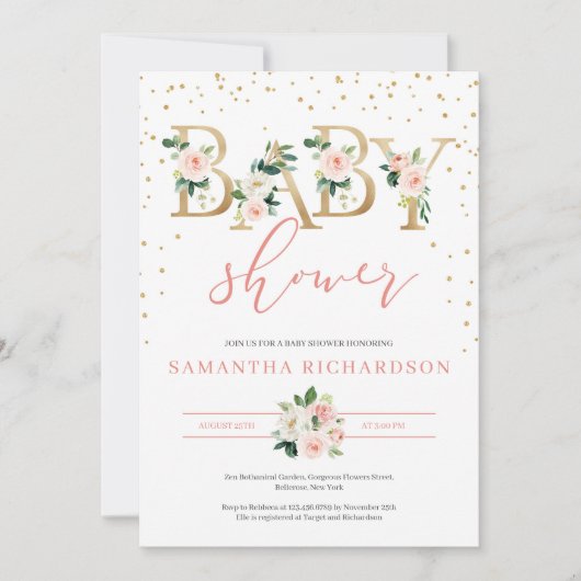 Gouden Letters en Blush Floral Baby shower Invite Kaart (Voorkant)