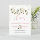 Gouden Letters en Blush Floral Baby shower Invite Kaart (Staand voorkant)