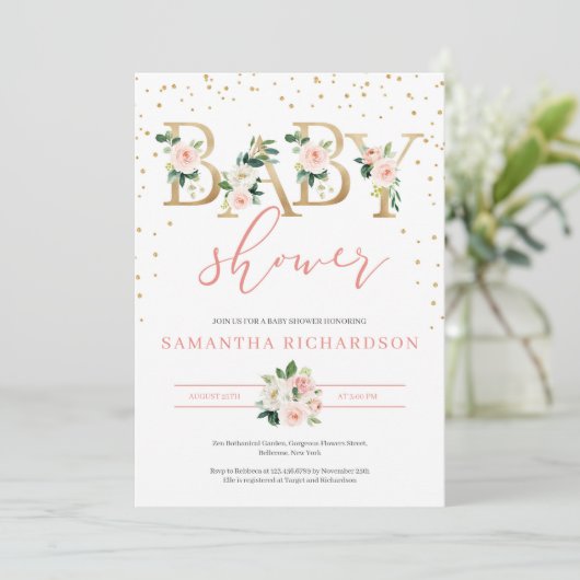 Gouden Letters en Blush Floral Baby shower Invite Kaart (Staand voorkant)