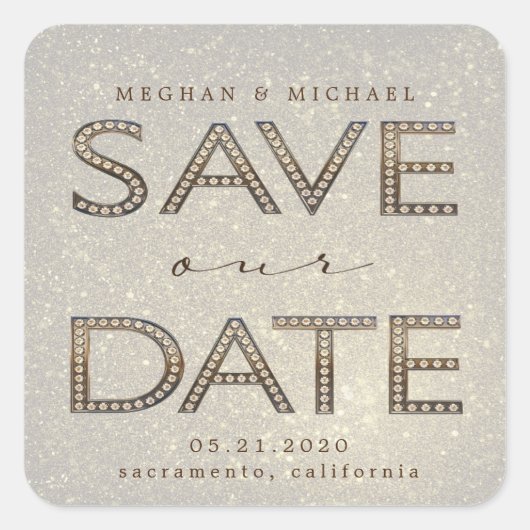 gouden letters, sparen ons datummonogram vierkante sticker (Voorkant)