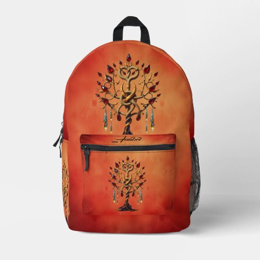 Gouden levensboom met rode edelstenen bedrukte rugzak (Voorkant)