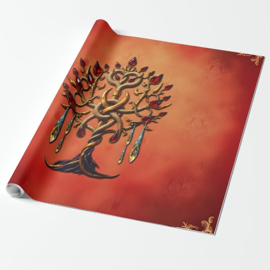 Gouden levensboom met rode edelstenen cadeaupapier (Uitgerold)