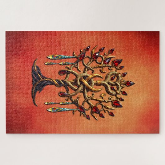 Gouden levensboom met rode edelstenen legpuzzel (Horizontaal)