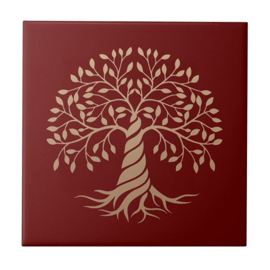 Gouden Levensboom Rode Achtergrond Grafische Kunst Tegeltje (Voorkant)