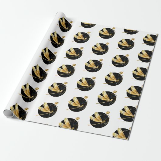 Gouden libel in zwarte cirkel cadeaupapier (Uitgerold)