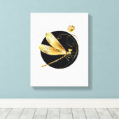 Gouden libel in zwarte cirkel canvas afdruk (Insitu (Houten vloer))