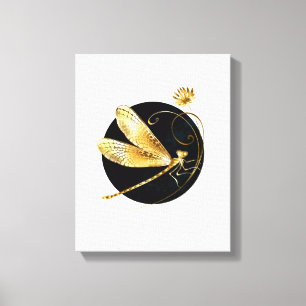 Gouden libel in zwarte cirkel canvas afdruk