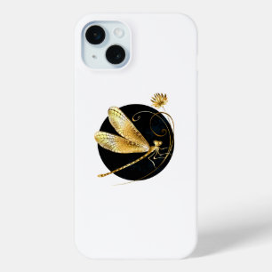 Gouden libel in zwarte cirkel iPhone 15 mini hoesje