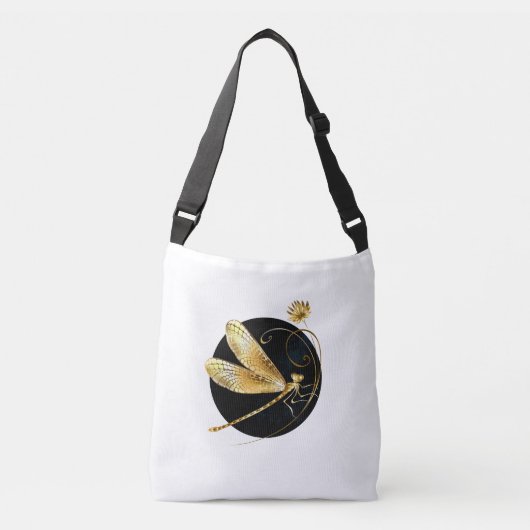 Gouden libel in zwarte cirkel crossbody tas (Voorkant)