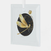 Gouden libel in zwarte cirkel glas ornament (Voorkant links)