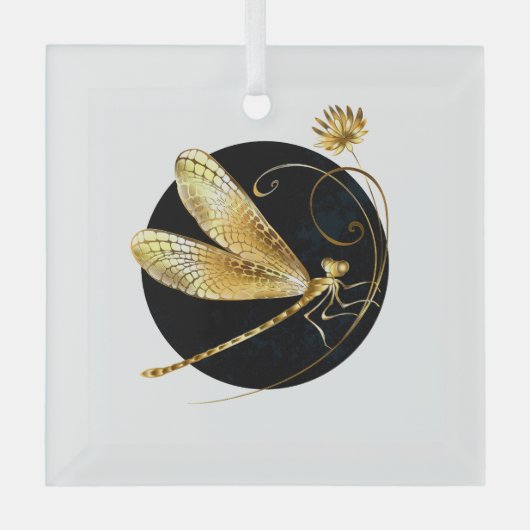 Gouden libel in zwarte cirkel glas ornament (Voorkant)