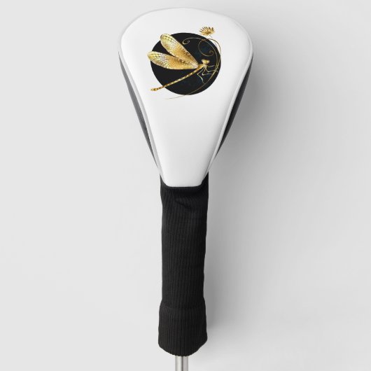 Gouden libel in zwarte cirkel golfheadcover (Voorkant)