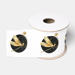 Gouden libel in zwarte cirkel grosgrain lint