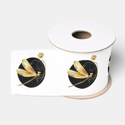 Gouden libel in zwarte cirkel grosgrain lint (Spoel)