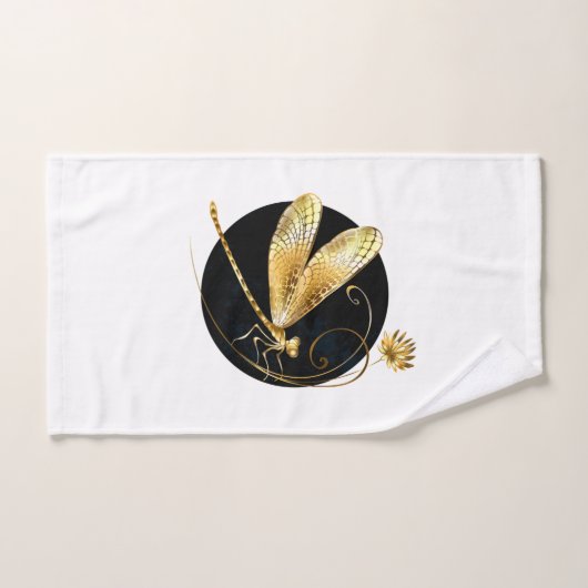 Gouden libel in zwarte cirkel handdoek (Handdoek)