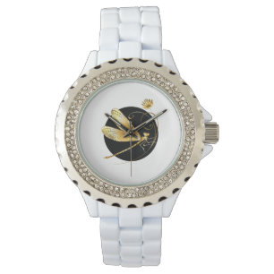 Gouden libel in zwarte cirkel horloge