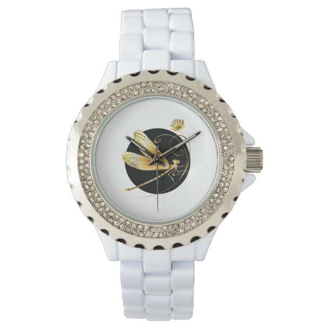 Gouden libel in zwarte cirkel horloge (Voorkant)