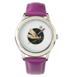 Gouden libel in zwarte cirkel horloge
