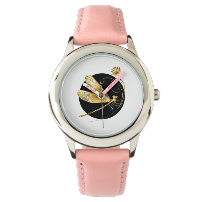 Gouden libel in zwarte cirkel horloge (Voorkant)