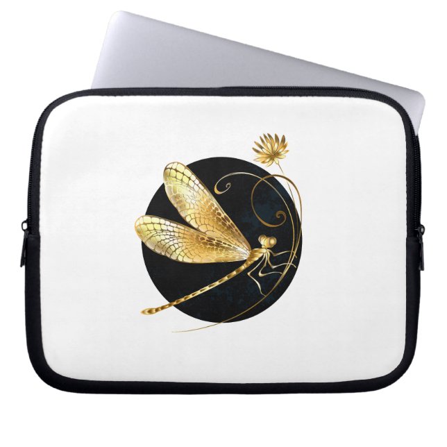 Gouden libel in zwarte cirkel laptop sleeve (Voorkant)