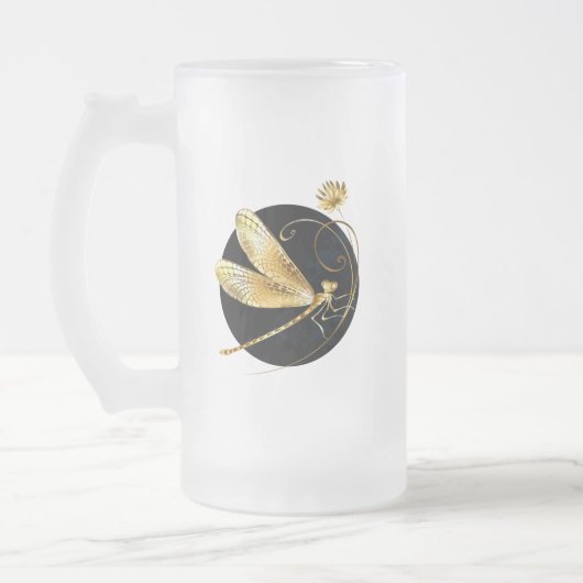 Gouden libel in zwarte cirkel matglas bierpul (Links)