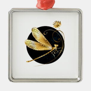 Gouden libel in zwarte cirkel metalen ornament