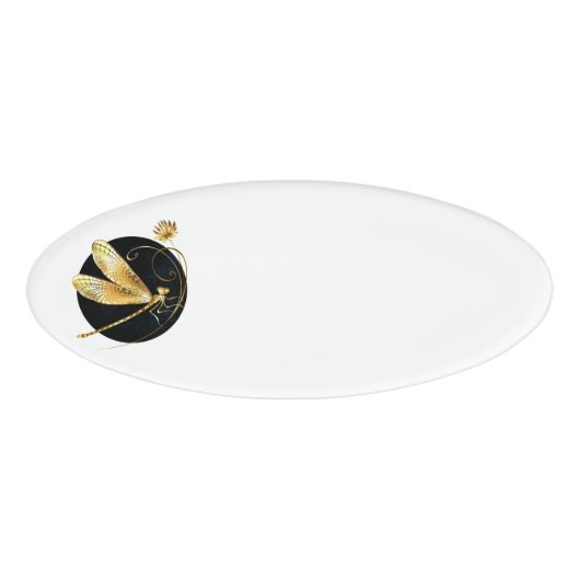 Gouden libel in zwarte cirkel naambadge (Voorkant)