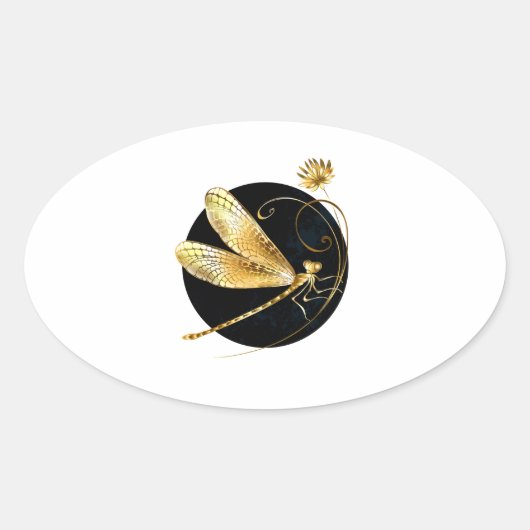 Gouden libel in zwarte cirkel ovale sticker (Voorkant)