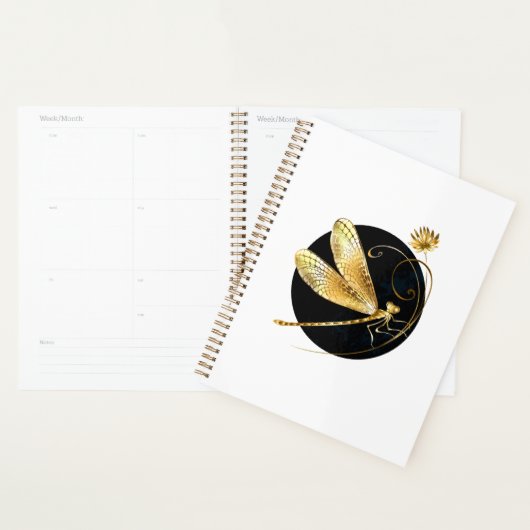 Gouden libel in zwarte cirkel planner (Display)
