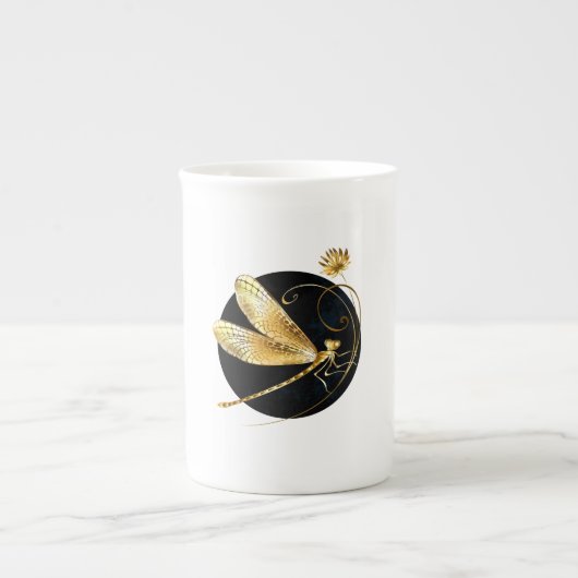 Gouden libel in zwarte cirkel porselein kop (Voorkant)