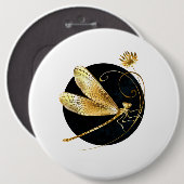 Gouden libel in zwarte cirkel ronde button 6,0 cm (Voorkant /achterkant)