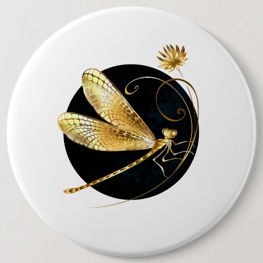 Gouden libel in zwarte cirkel ronde button 6,0 cm (Voorkant)