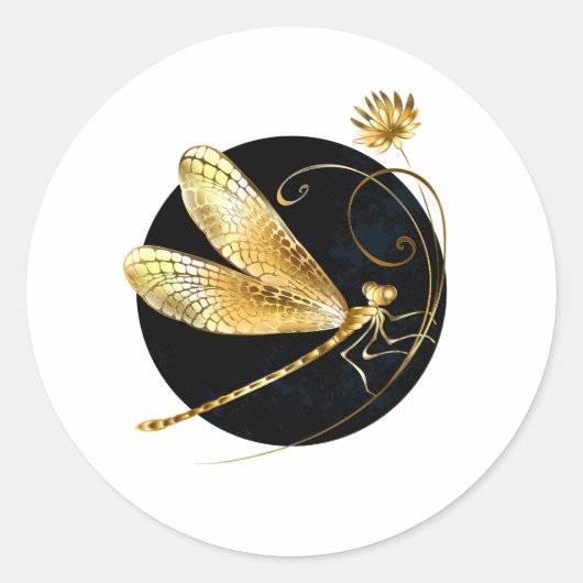 Gouden libel in zwarte cirkel ronde sticker (Voorkant)
