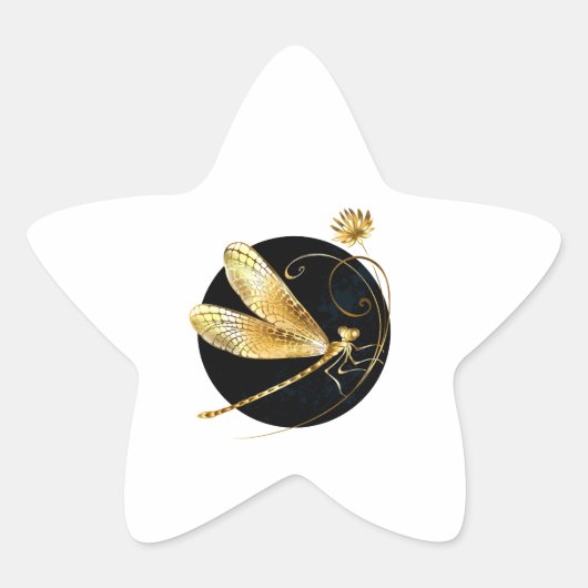 Gouden libel in zwarte cirkel ster sticker (Voorkant)