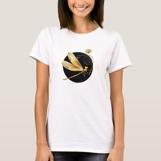 Gouden libel in zwarte cirkel t-shirt (Voorkant)